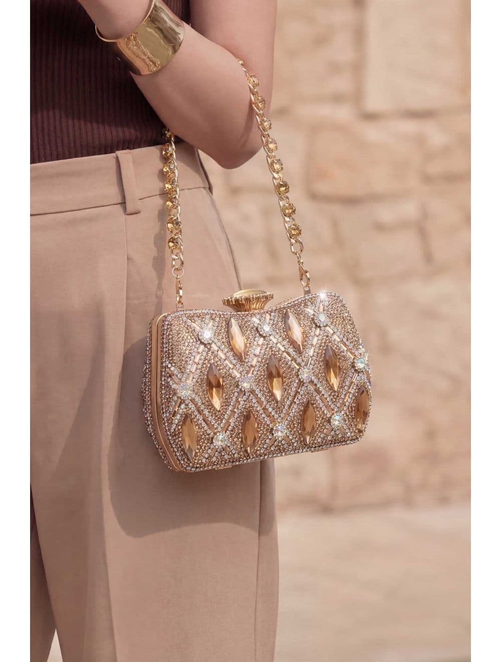 Pochette Soirée Strass Avec Chaîne 25BW-3535-Doré — vue 5