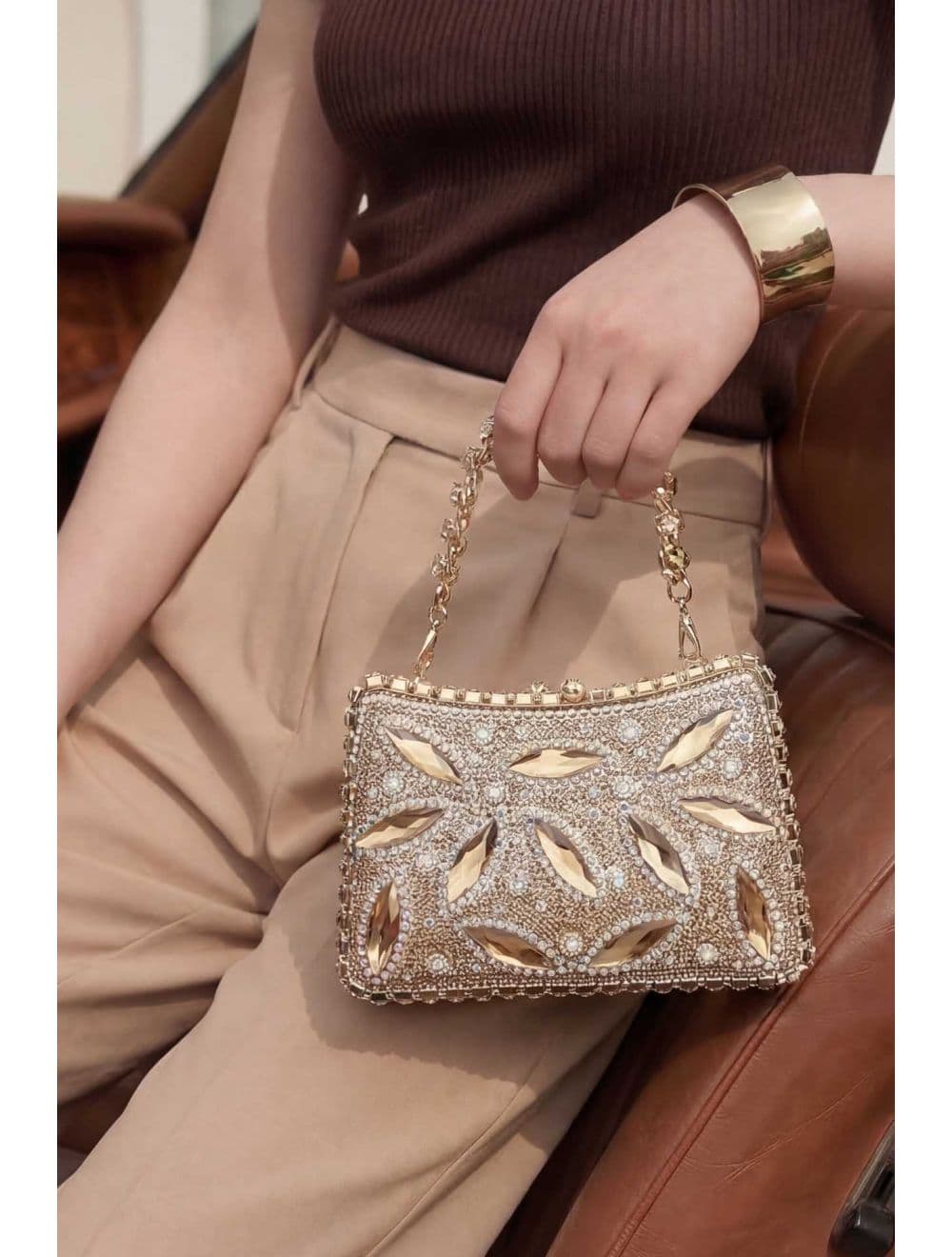 Pochette Soirée Strass avec Chainette Bandoulière 25R-3641-Doré — vue 6