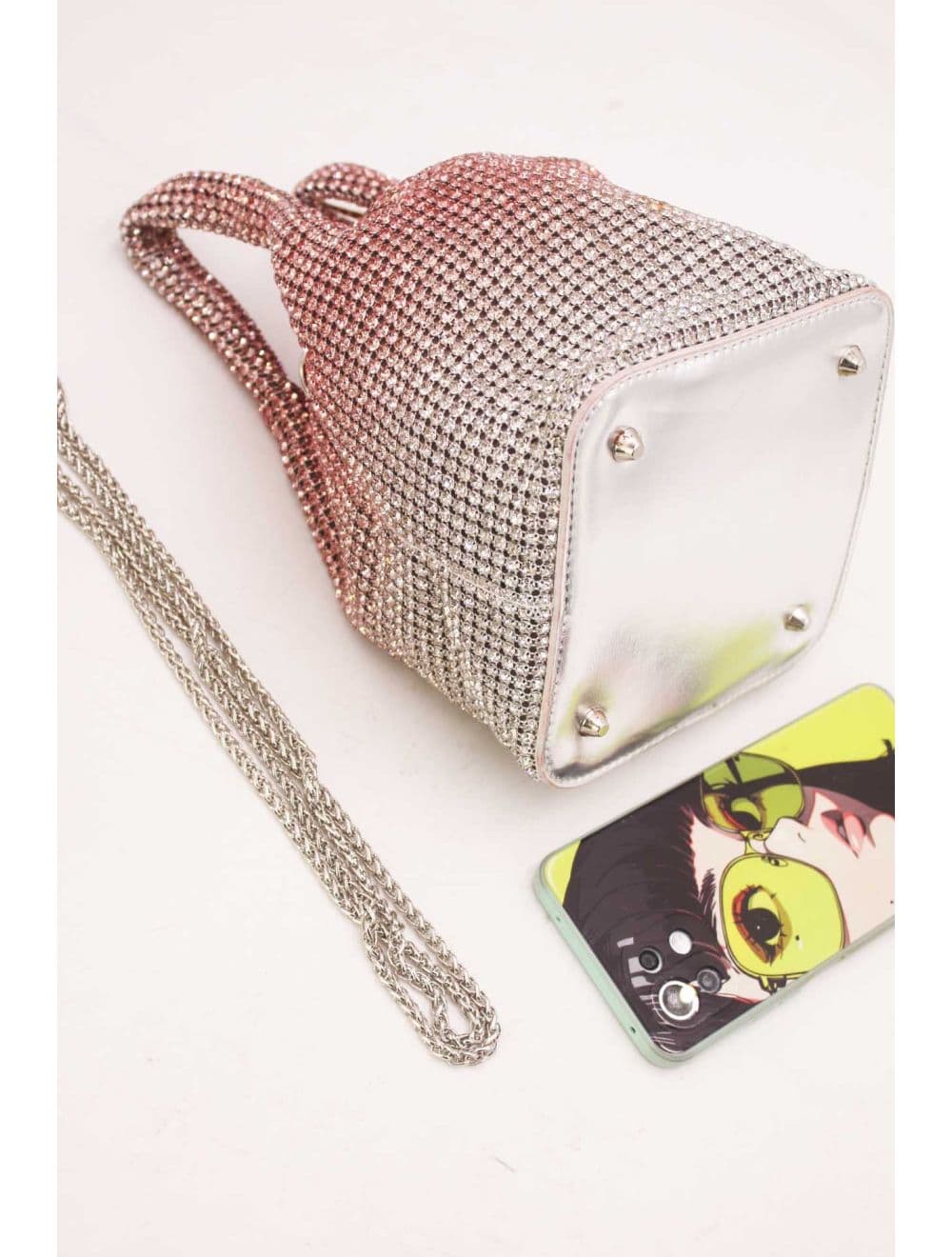 Sac À Main Seau Diamant Strass Pour Femmes-22P-5605-Rose/Argent