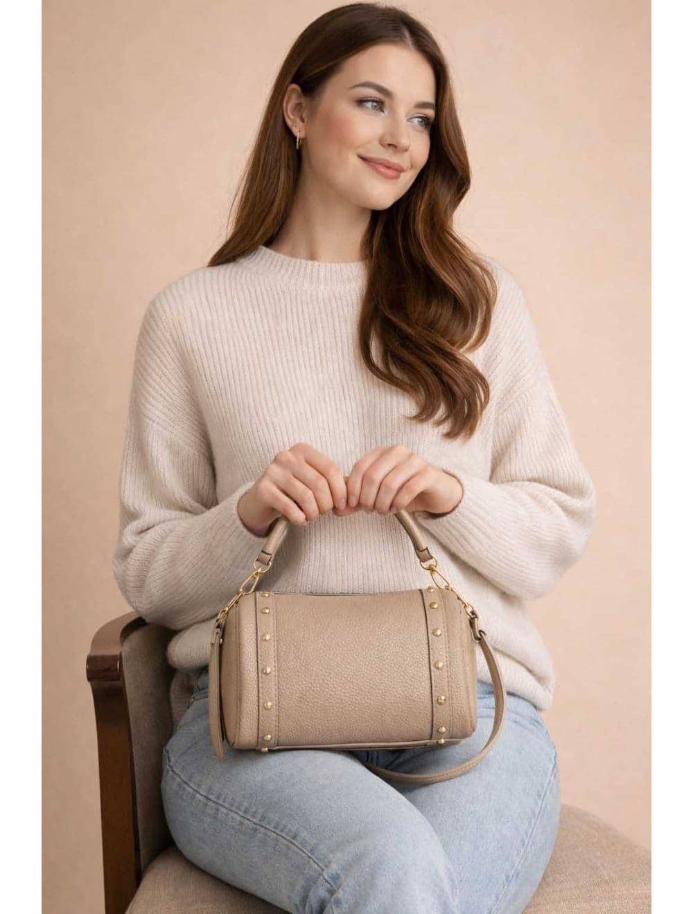 Sac Bowling En Croûte Cuir Vachette Grainée 4199 BONNIE-Taupe