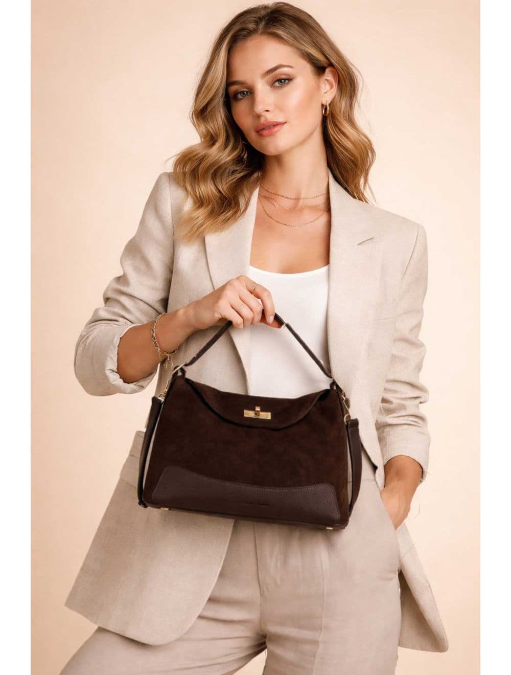 Sac Porté Épaule En Croûte Cuir Vachette Suède Et Grainée 4211 PERLA SUÈDE-Chocolat — vue 5