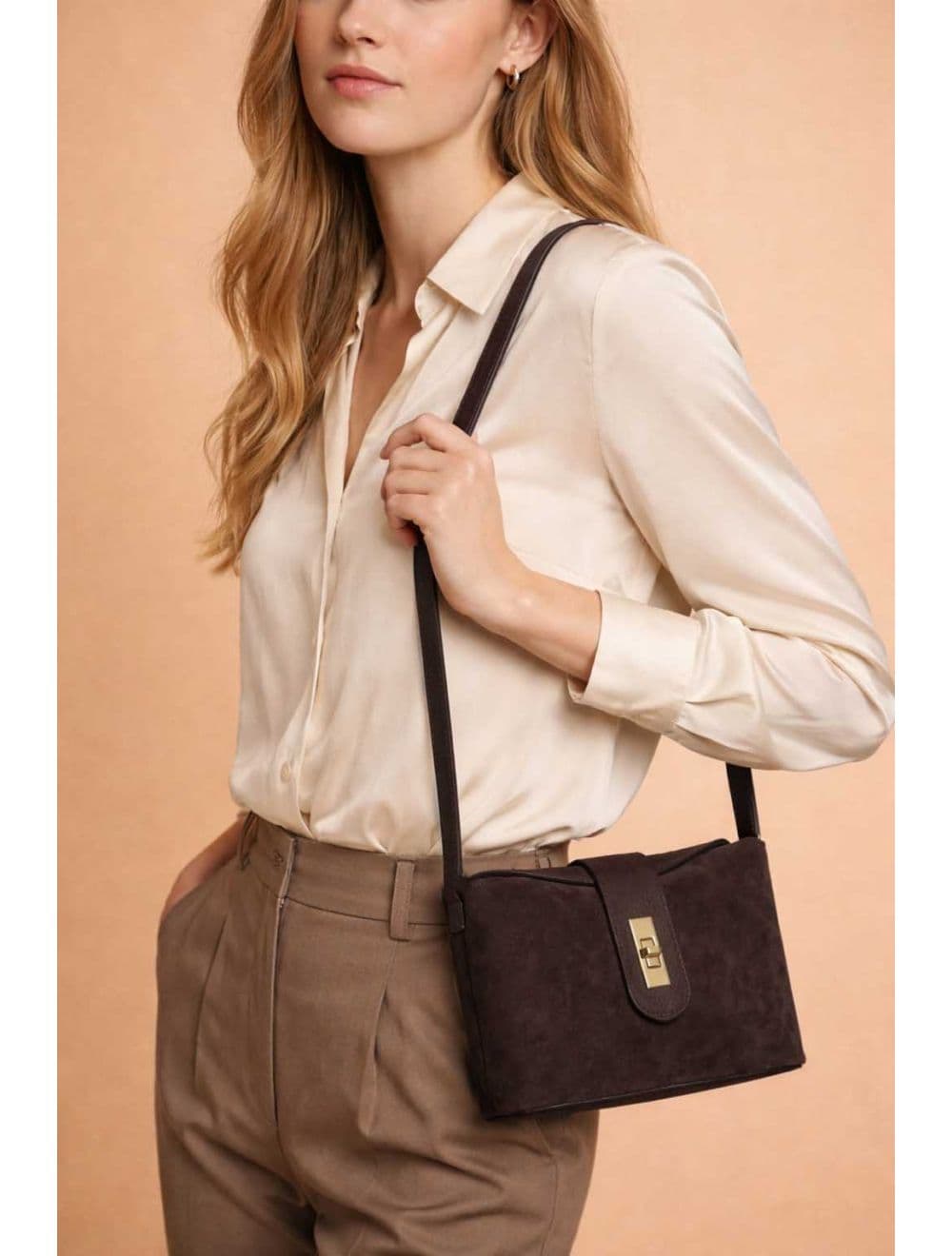Sac Bandoulière En Croûte Cuir Vachette Suède Et Grainée 4210 PRISCA SUÈDE-Chocolat — vue 5