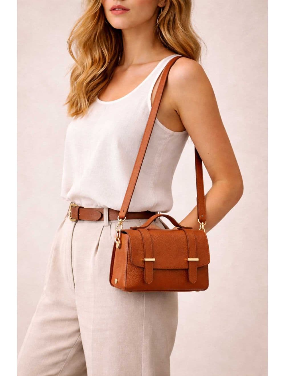 Sac Porté Main Forme Cartable En Cuir Vachette Grainée 4206 BILLIE-Cognac — vue 5