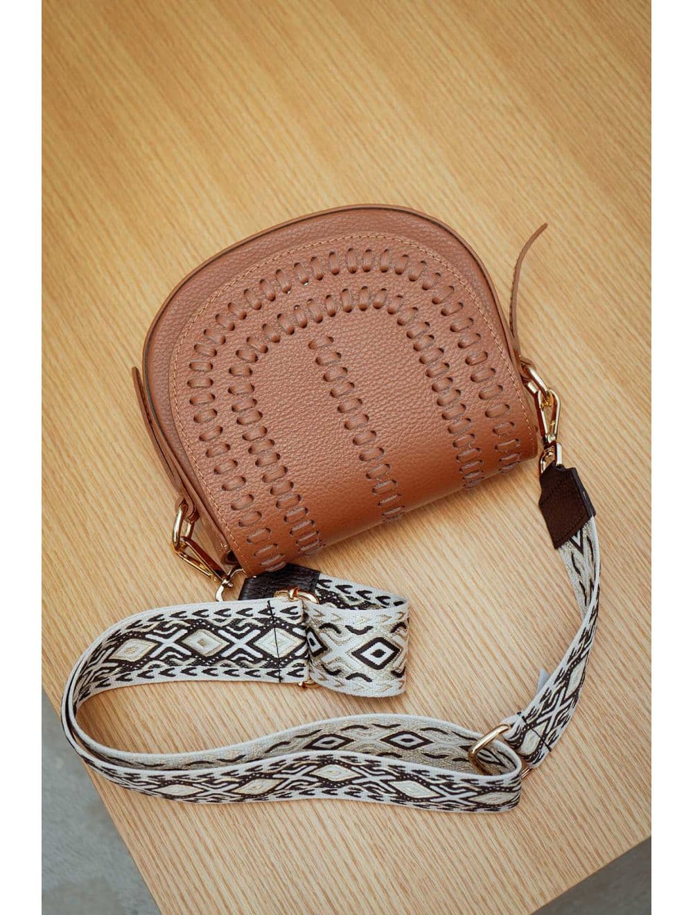 Sangle Bandoulière en Toile Coton Garnie en Cuir Vachette Grainé-YONA 9001-NOIR/DORE