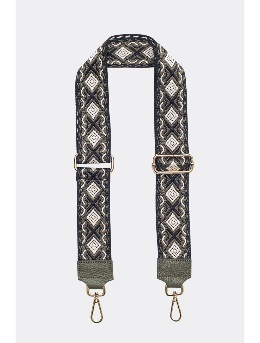 Sangle Bandoulière en Toile Coton Garnie en Cuir Vachette Grainé-YONA 9001-KAKI