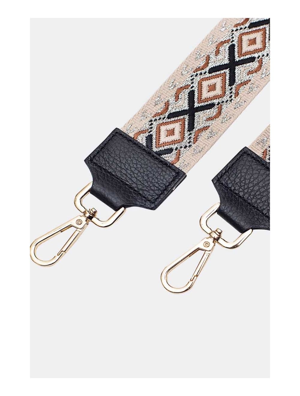 Sangle Bandoulière en Toile Coton Garnie en Cuir Vachette Grainé-YONA 9001-Noir/Argent