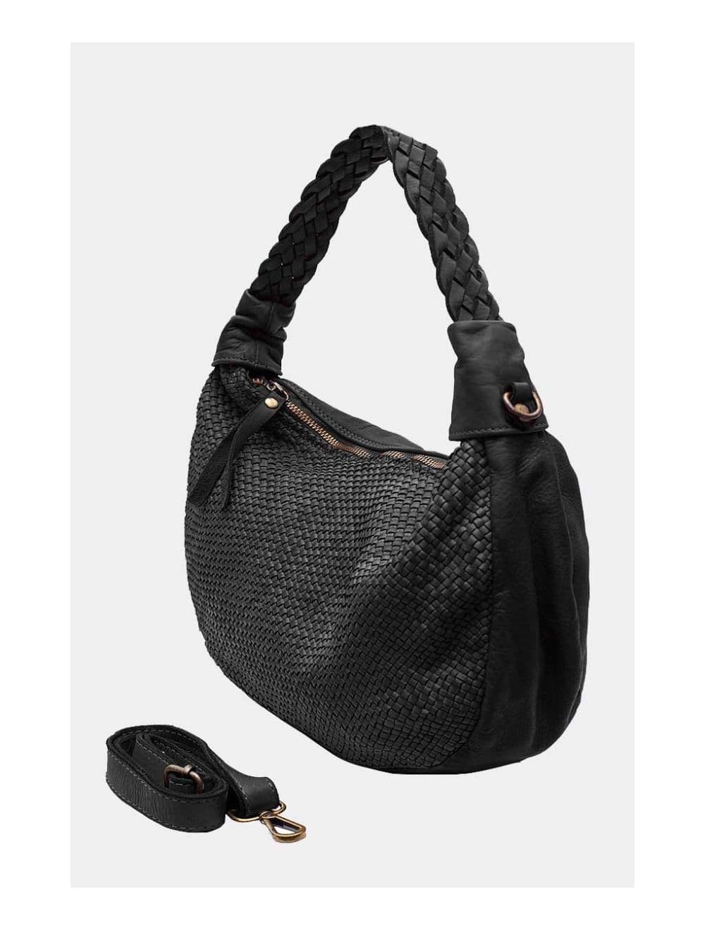 Sac Porté Epaule Demi-lune en Cuir Vachette Style Vintage Tressé AIDA 4069-Black — vue 3