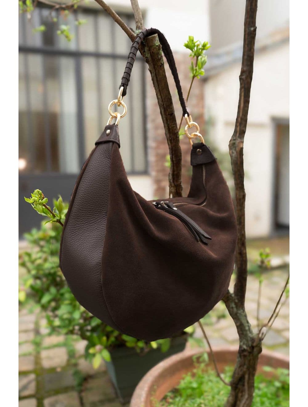 Sac Porté Épaule Croûte Cuir Vachette Suède et Grainée 4165 NADINE SUEDE-Chocolat
