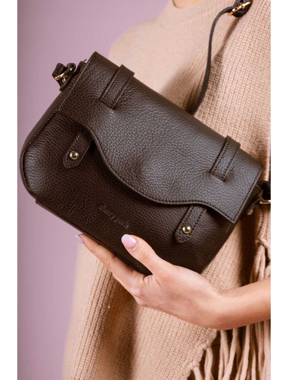 Sac Besace Porté Croisé En Cuir Vachette Grainé 4161 CALISTA-Chocolat