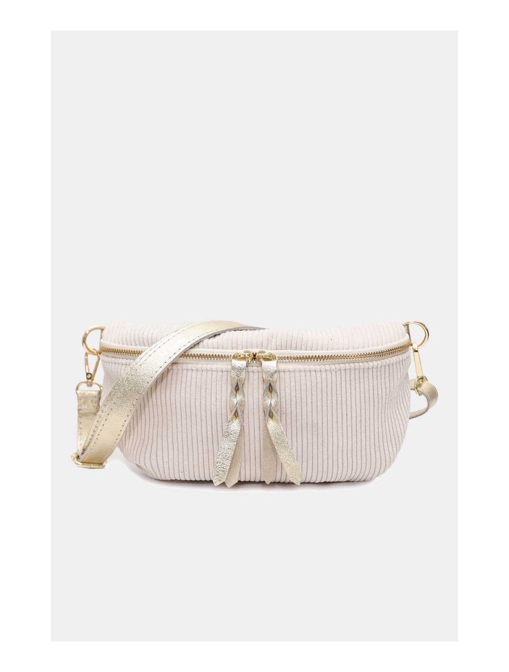 Sac Banane Textile Velours Garni Croûte Cuir Vachette Métallisé 4135 ROSA VELOURS-ECRU