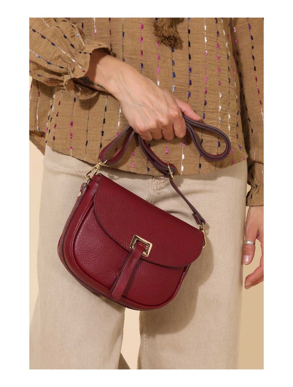 Sac Bandoulière En Cuir Vachette Grainée 4143 FANTINE-Bordeaux