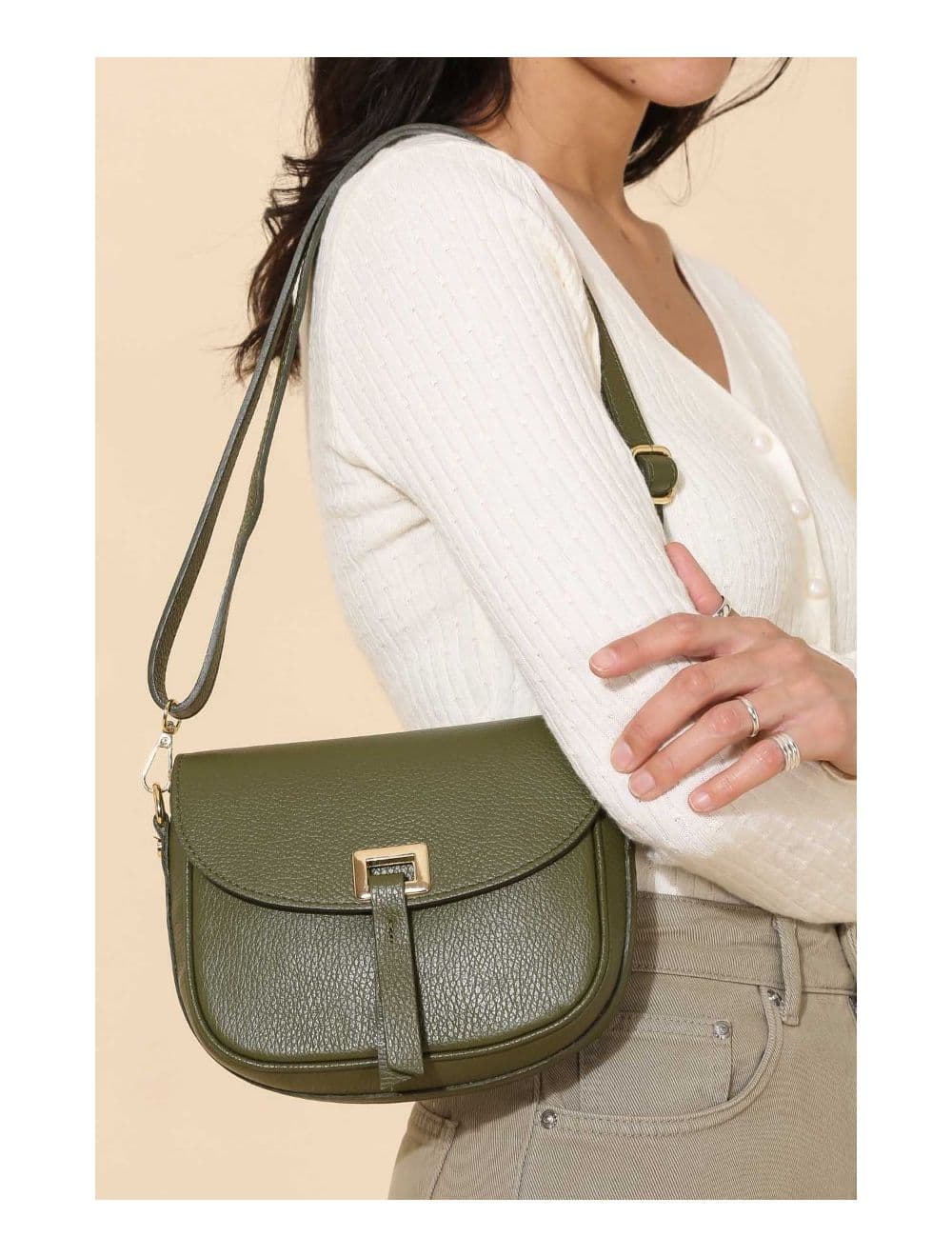 Sac Bandoulière En Cuir Vachette Grainée 4143 FANTINE-Kaki