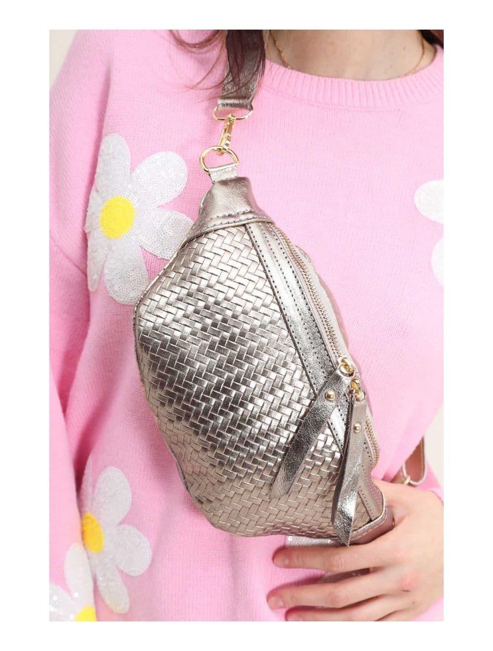 Sac Banane Croûte Cuir Vachette Métallisé Tressé  4107 SCARLETT-Etain — vue 3