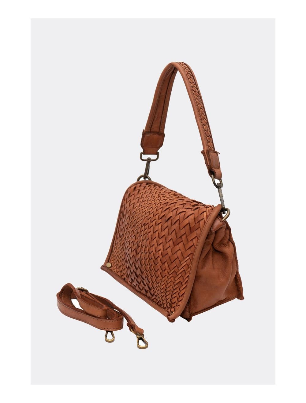 Sac Besace Porté Croisé et épaule En Cuir Vachette Tressé MIRA 4114-Camel — vue 3
