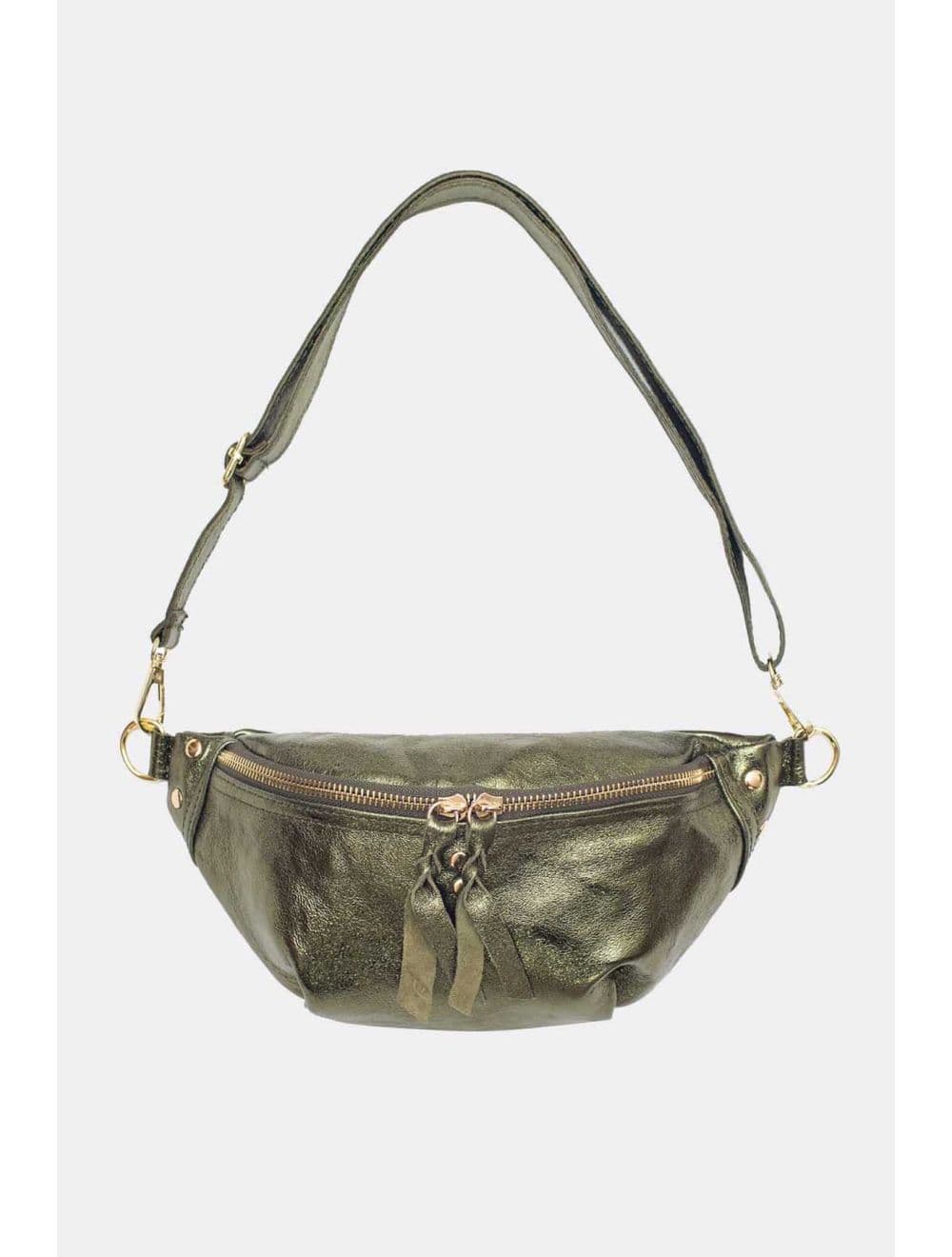Sac Banane en Croûte de Cuir Vachette Métallisé NELLY METAL-4061-Kaki Metal