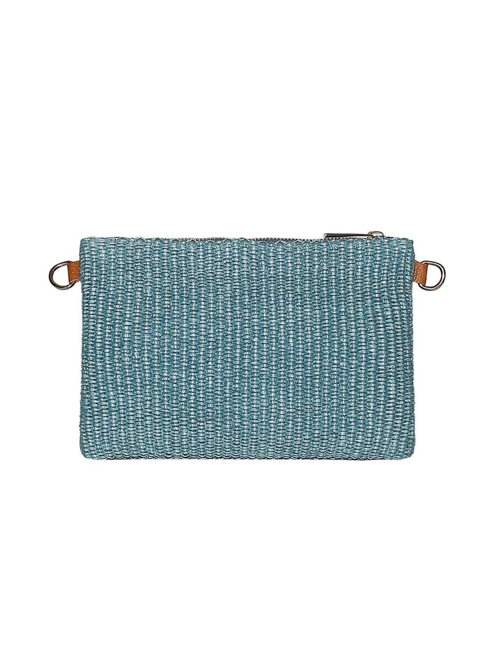 Sac pochette en raphia tricoté laine garnie cuir de vachette-4001-Ciel