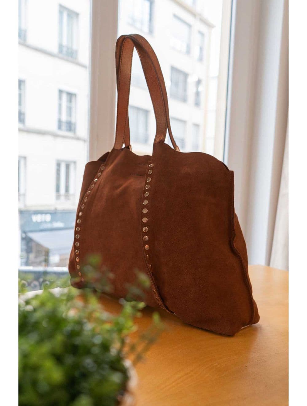 Sac Cabas en Croûte de Cuir Vachette Suède-GAELLE 4103-Marron — vue 5