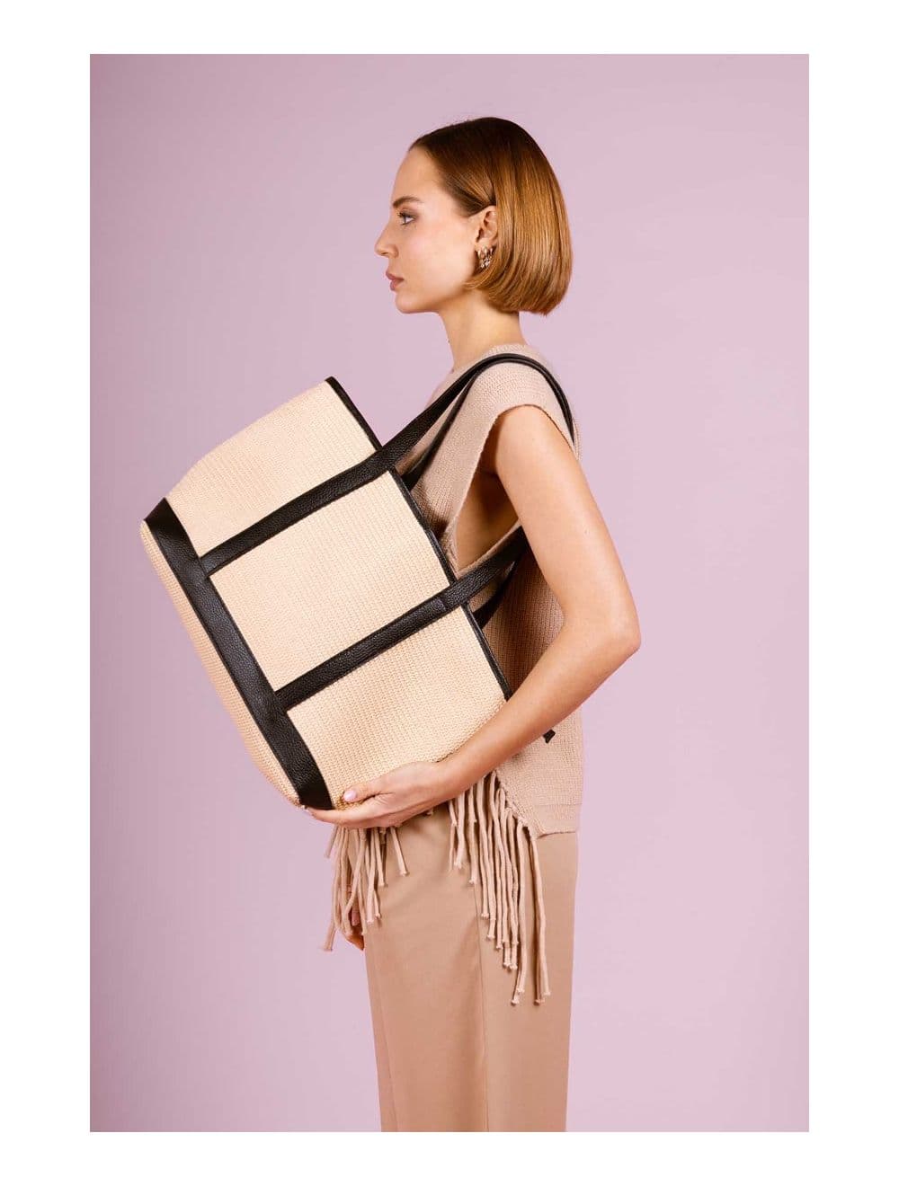 Sac Cabas Raphia et Cuir Vachette Grainé 4133C SATINE RAPHIA-Noir — vue 5