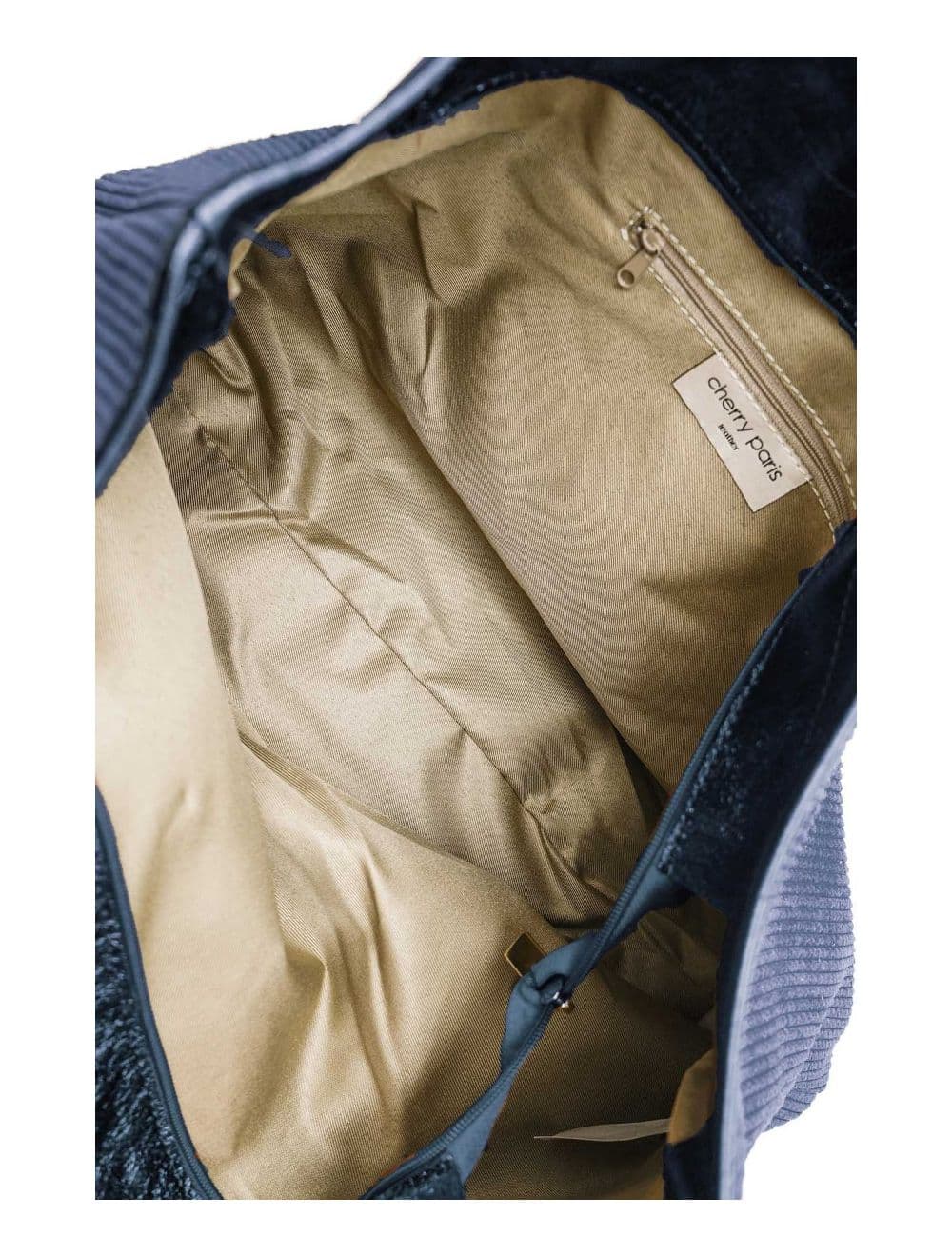 Sac Cabas en Textile Velours Garni Croûte Cuir Vachette 4133 SATINE-Bleu