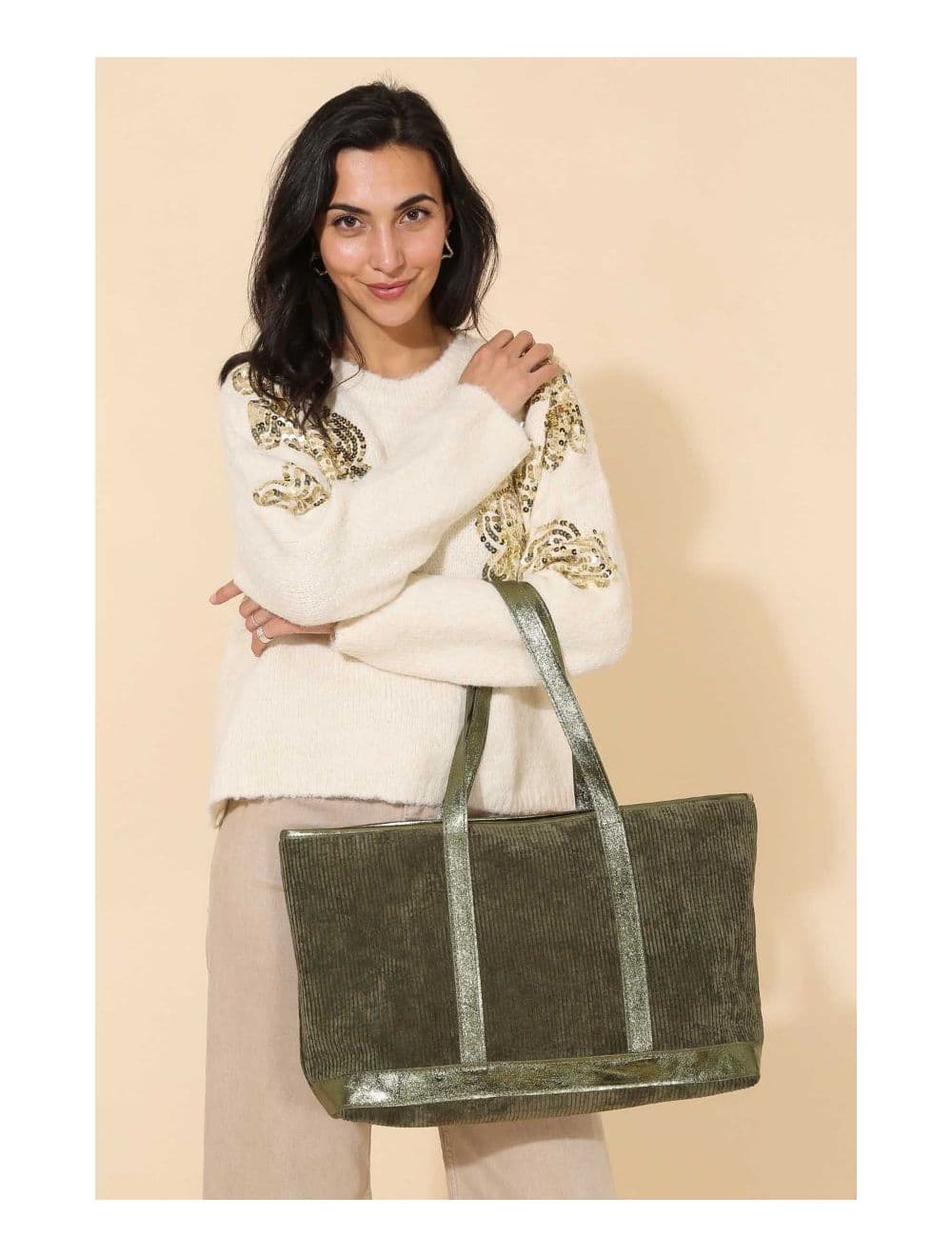 Sac Cabas en Textile Velours Garni Croûte Cuir Vachette 4133 SATINE-Kaki — vue 2