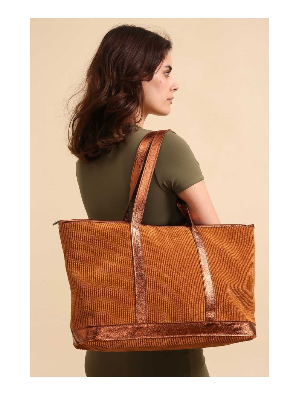 Sac Cabas en Textile Velours Garni Croûte Cuir Vachette 4133 SATINE-Camel — vue 4