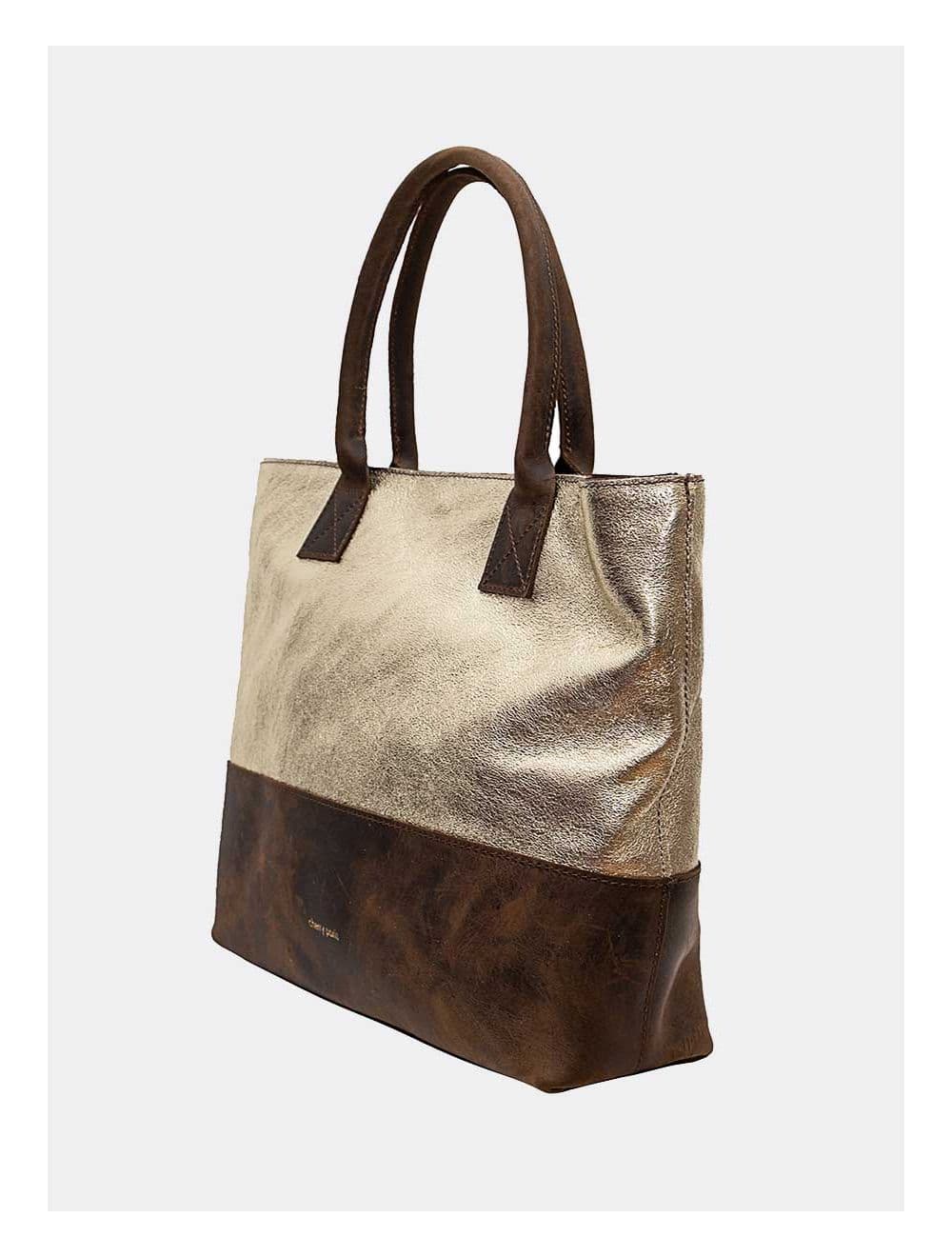 Sac Cabas Croûte Cuir Vachette Métallisé Bicolore-CORALIE 4041-DORE — vue 2