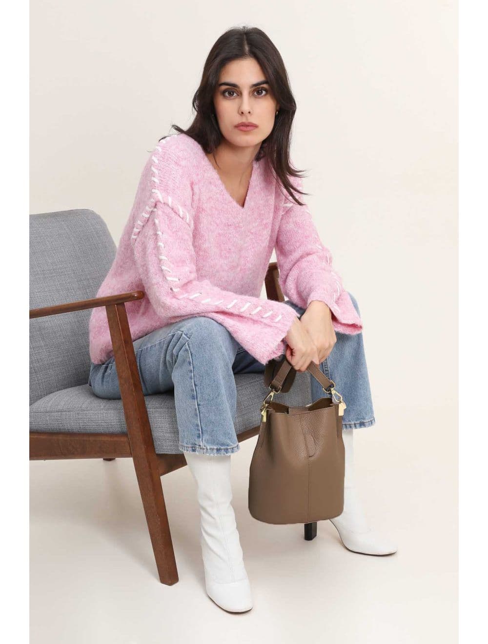 Sac Bourse en Cuir De Vachette Grainée LILWENN 4090-Taupe