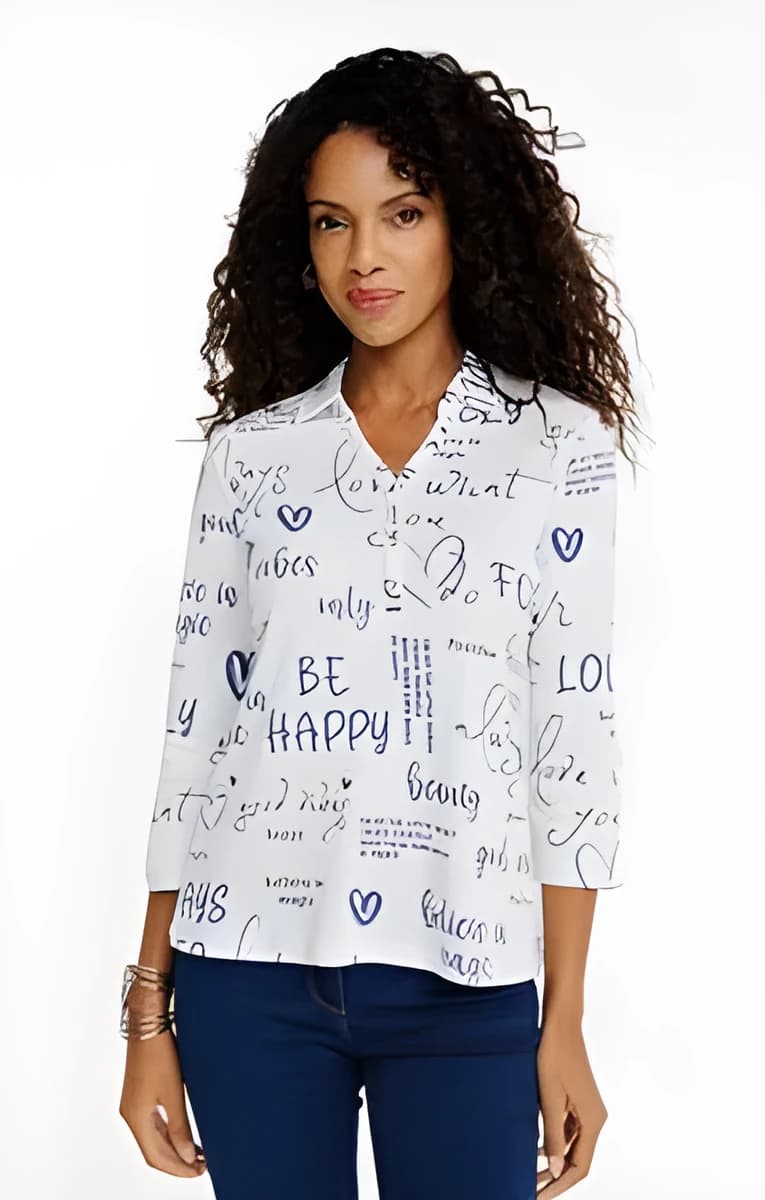 Tee-shirt 3/4 imprimé avec col polo – Écru