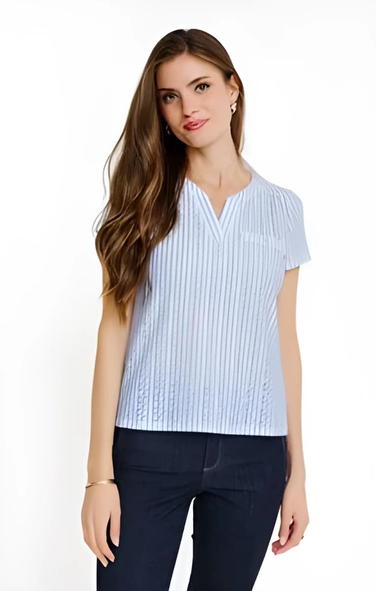 Tee-shirt imprimé et rayé col mao – Bleu Ciel