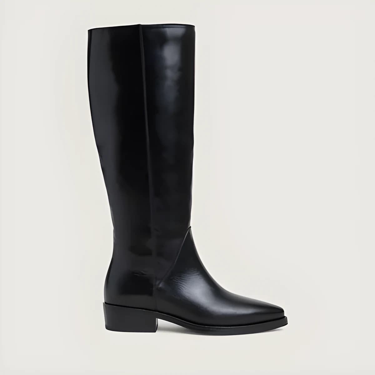 Bottes à talons plats et bouts pointus en cuir noir