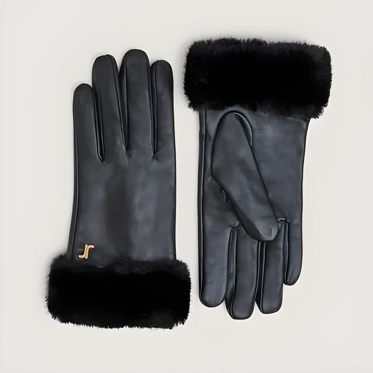 Gants à monogrammes en cuir noir et fourrure synthétique noire