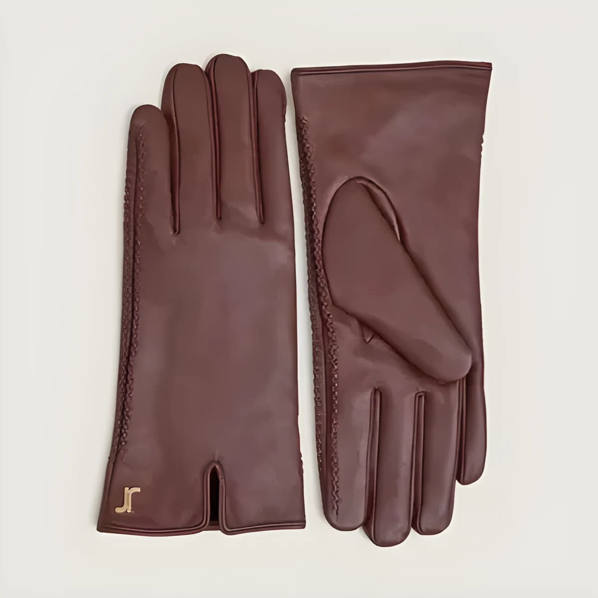 Gants à monogrammes en cuir marron
