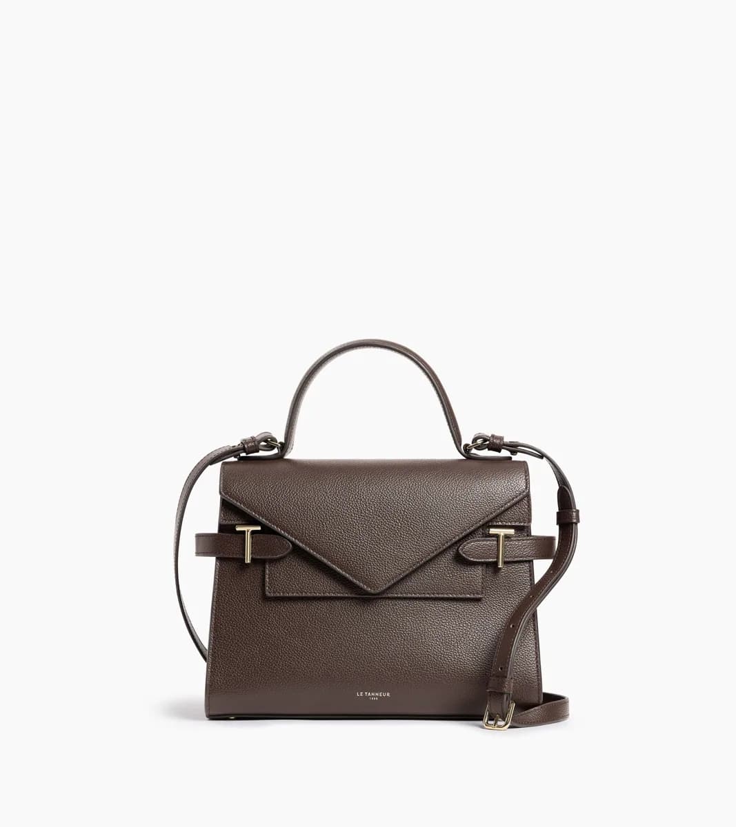 Sac à main double rabat moyen modèle Emilie en cuir grainé – Brown Arabica