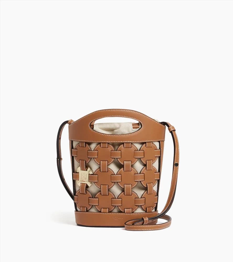 Petit sac seau Le Potier en toile coton et cuir lisse – Tan