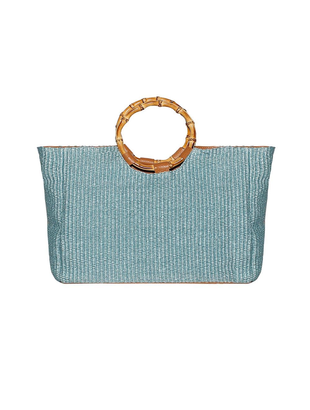 Sac porté main en raphia tricoté laine garnie cuir de vachette-4002-Ciel