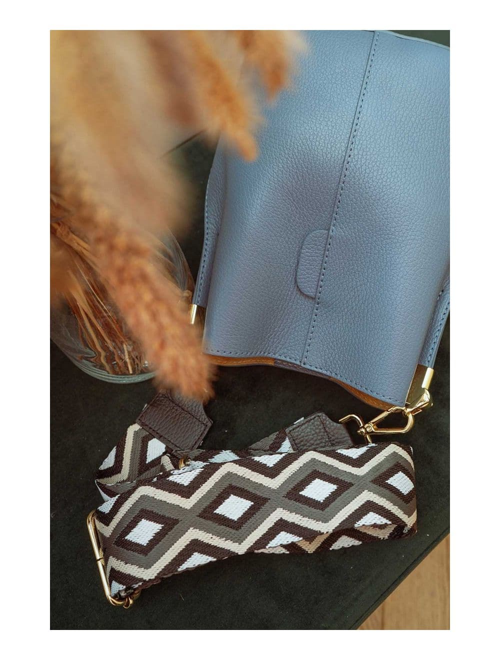 Sangle Bandoulière en Toile Coton Garnie en Cuir Vachette Grainé-SHERINE 9006-Noir