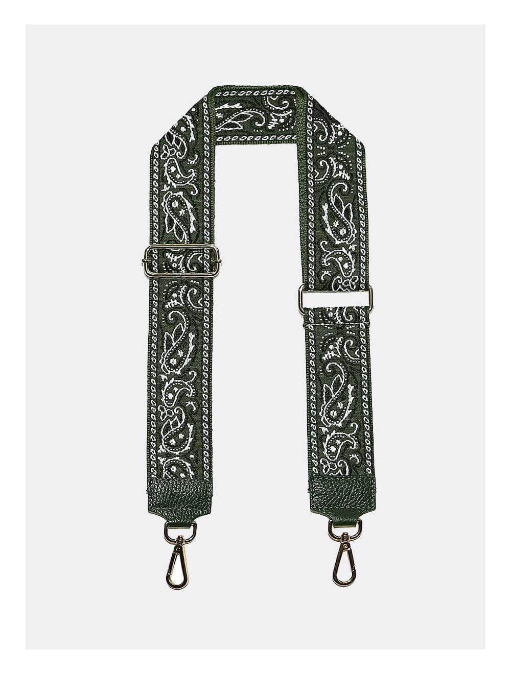 Sangle Bandoulière en Toile Coton Garnie en Cuir Vachette Grainé-GLORIA 9002-KAKI