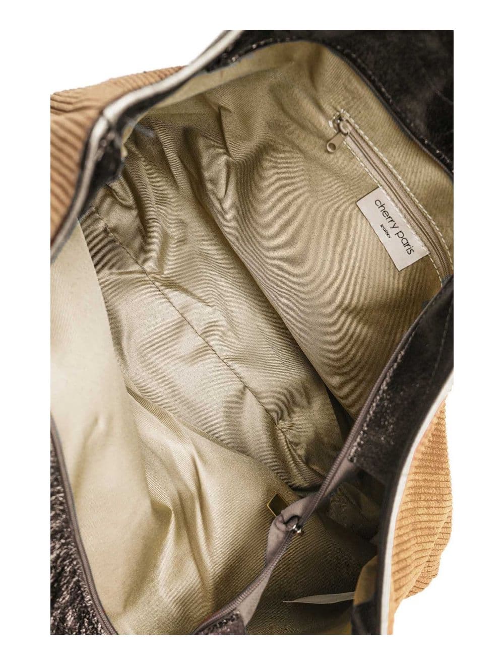 Sac Cabas en Textile Velours Garni Croûte Cuir Vachette 4133 SATINE-Taupe