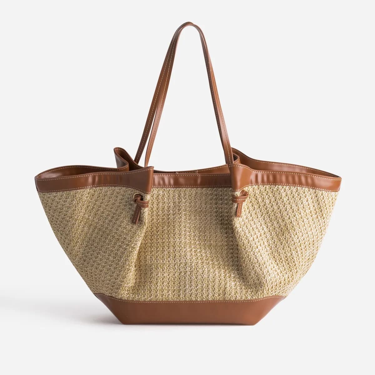 Sac cabas beige tressé et camel