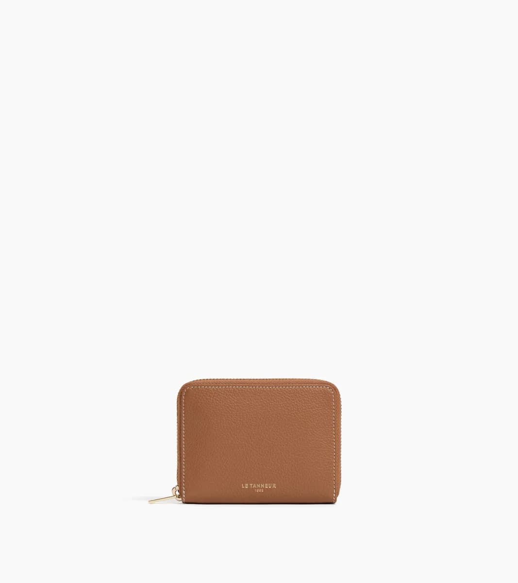 Porte monnaie zippé avec porte cartes amovible Albertine en cuir grainé – Tan Brown