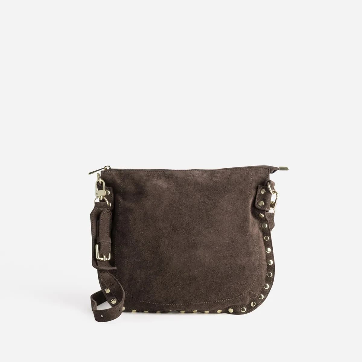 Sac besace marron cuir velours décor clous