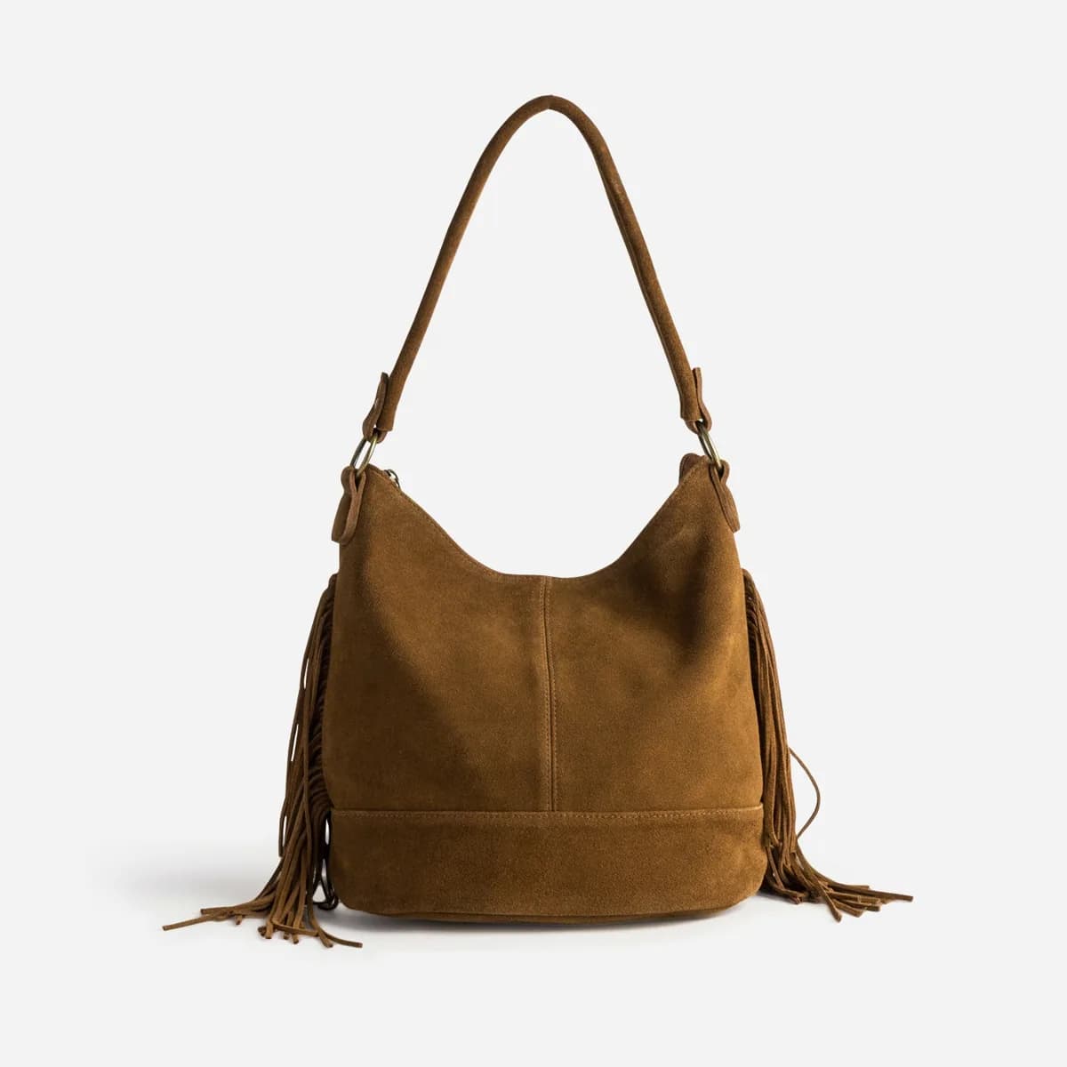 Sac Hobo camel cuir velours détail franges
