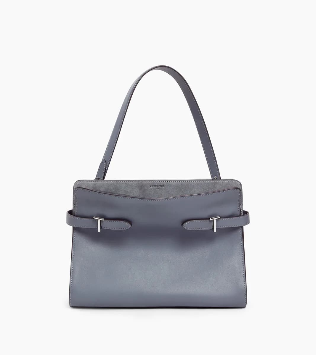Sac porté épaule grand modèle Emie en cuir lisse et refente de velours – Steel Blue