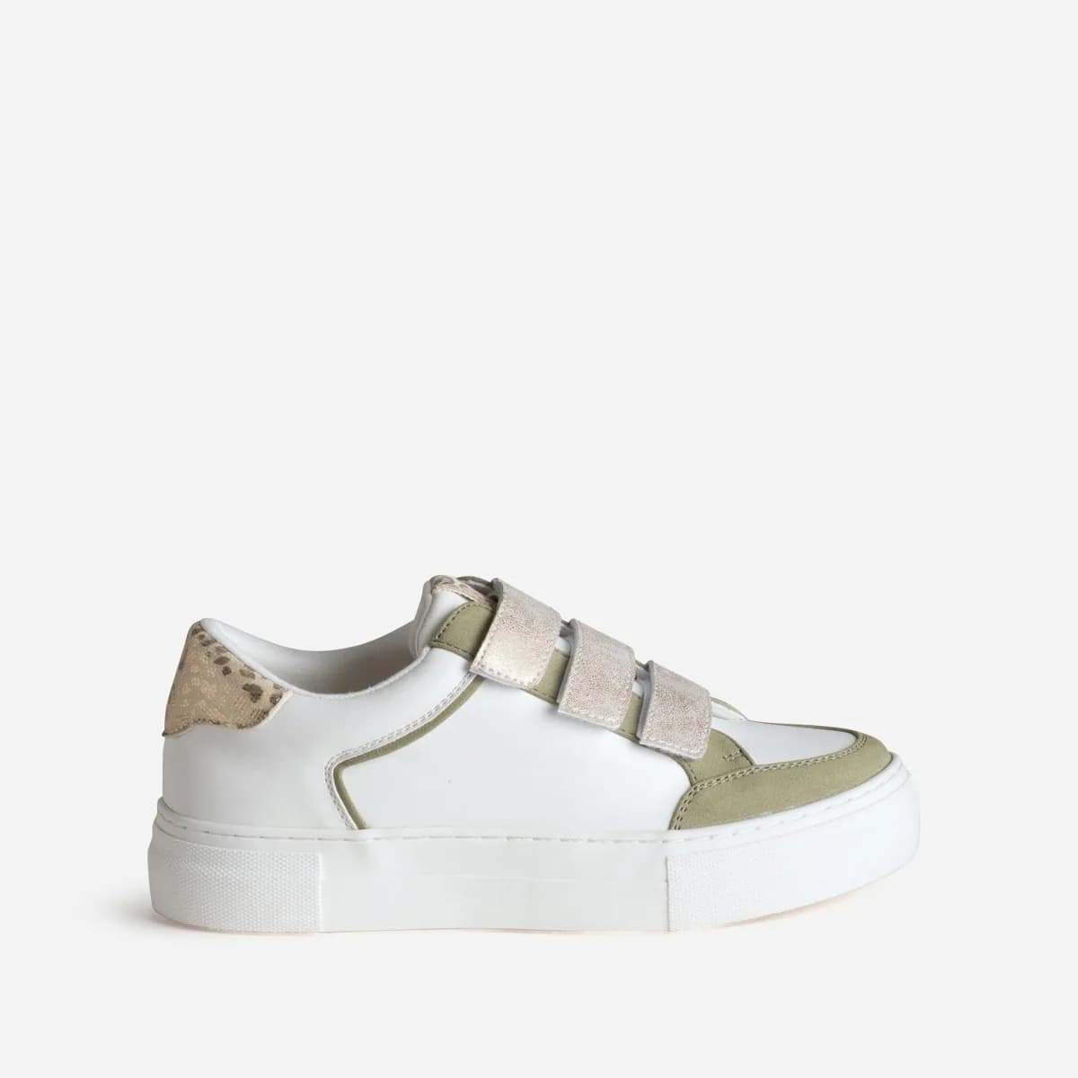 Tennis blanche kaki, dorée et motif léopard