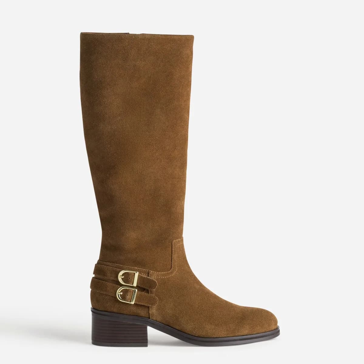 Botte camel cuir velours boucles sur contrefort