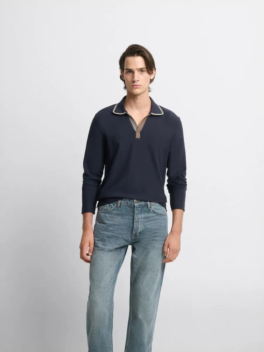 Polo manches longues col derby en coton