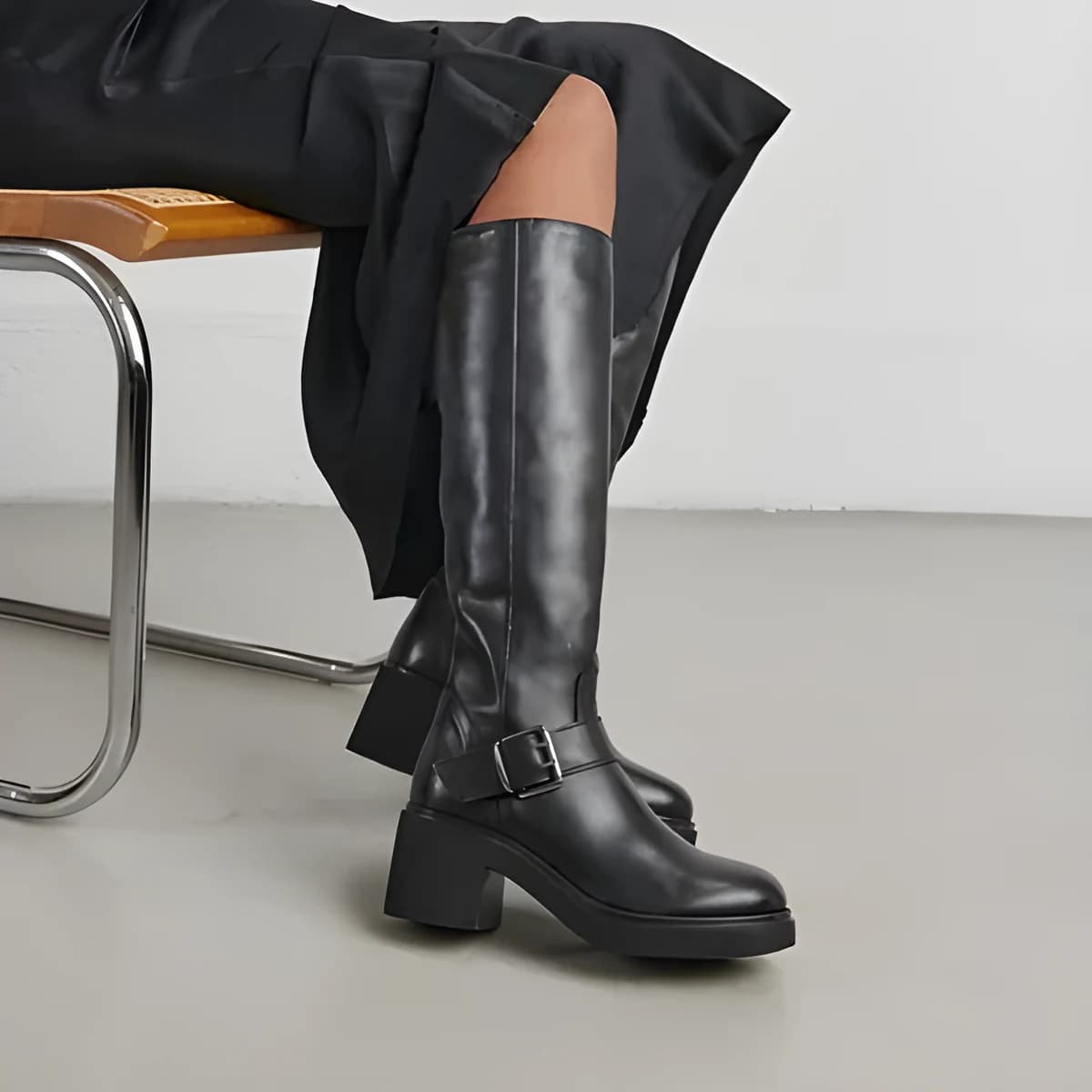 Bottes à semelles épaisses et boucles la... en cuir noir