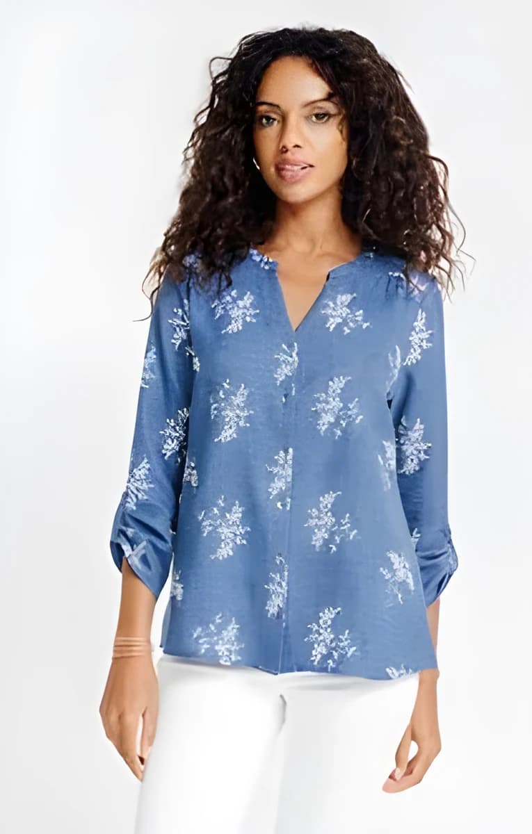 Blouse col mao brodée – Bleu