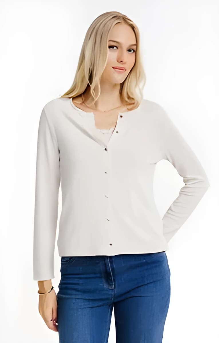 Tee-shirt 2-en-1 en dentelle à boutons – Beige