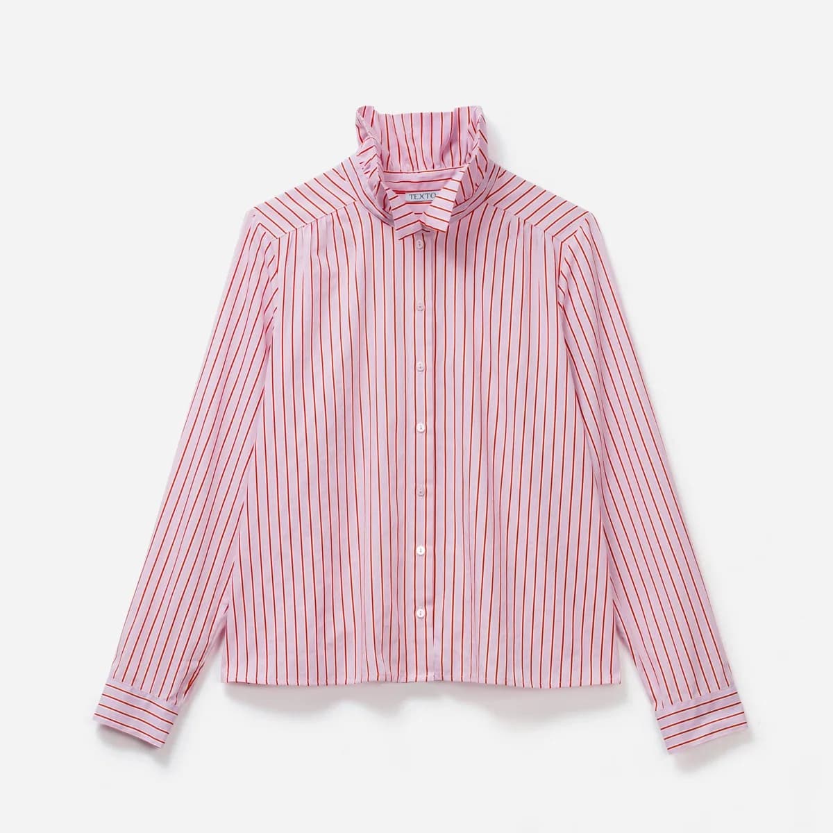 Chemise rayée rose à col volanté
